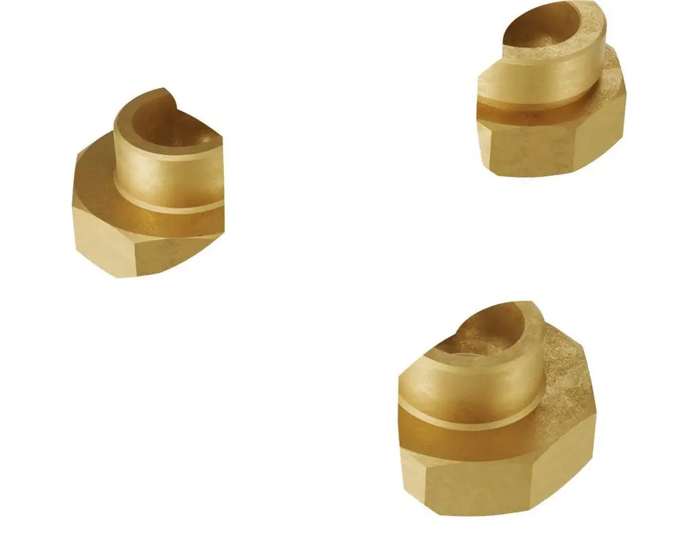 Drei goldenfarbene Adapter, mit unterschiedlichen Formen und Konturen, für eine Montage. Die Adapter sind Teil einer Installationslösung von Bosch.